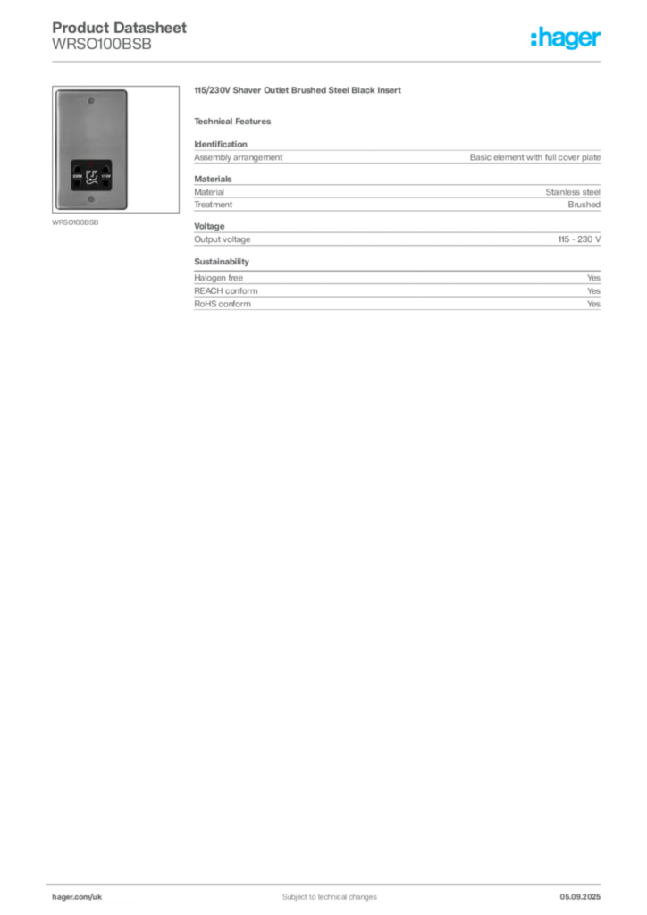 Image Hager Product data sheet WRSO100BSB  | Hager