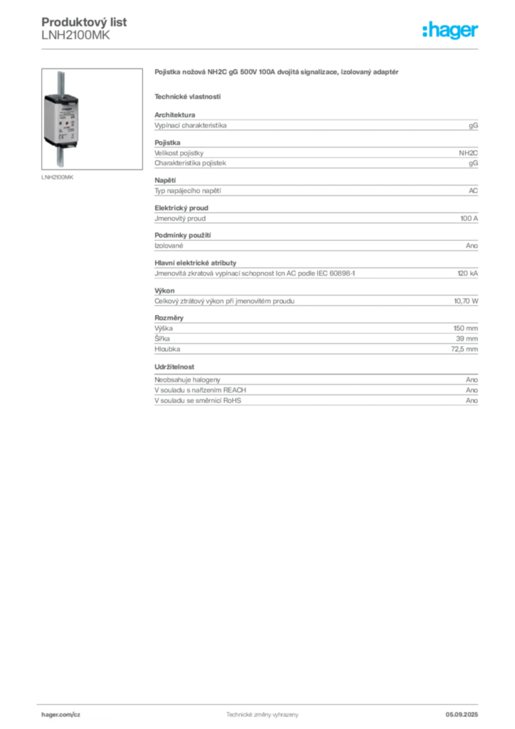 Obrázek Hager Produktový list LNH2100MK | Hager