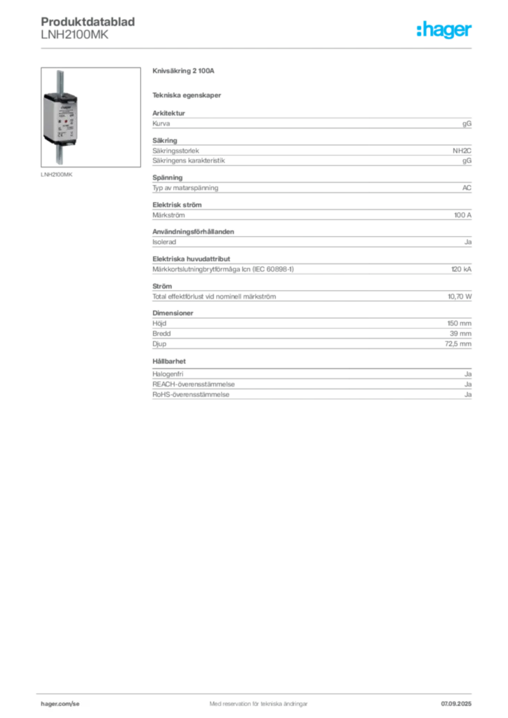 Bild Hager Produktdatablad LNH2100MK | Hager Sverige