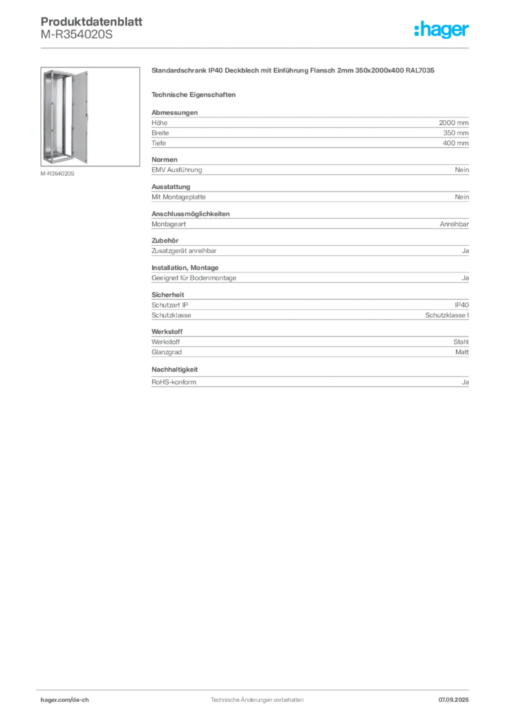 Bild Hager Produktdatenblatt M-R354020S | Hager Schweiz