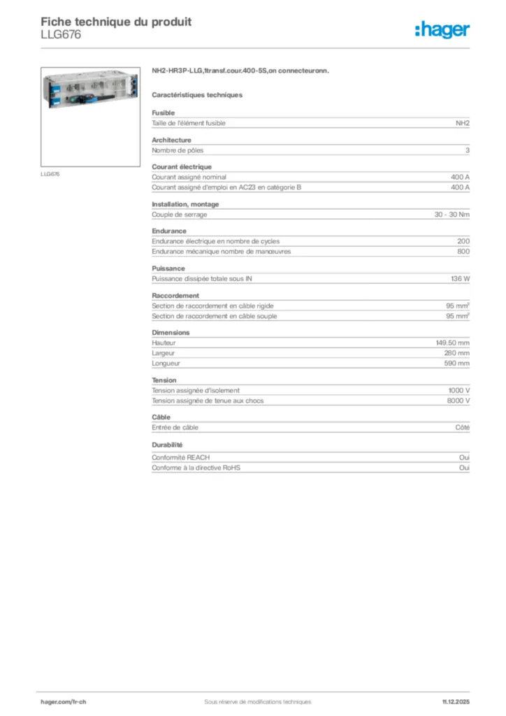 Image Hager Fiche technique du produit LLG676 | Hager Suisse
