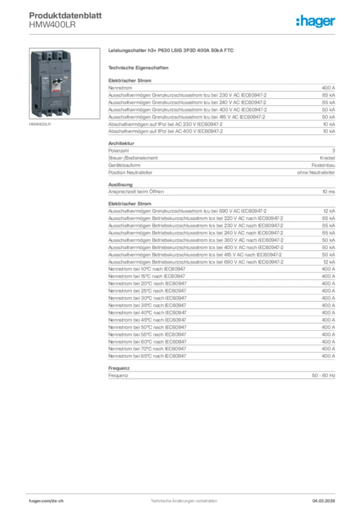 Bild Hager Produktdatenblatt HMW400LR | Hager Schweiz