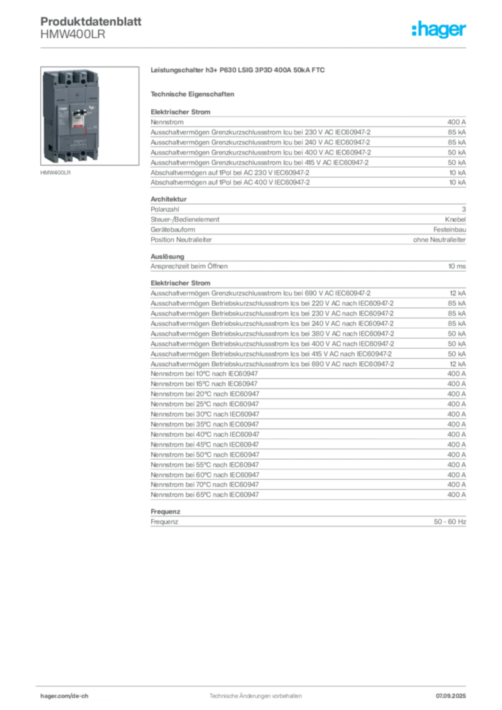 Bild Hager Produktdatenblatt HMW400LR | Hager Schweiz