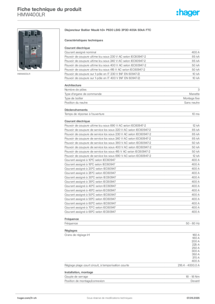 Image Hager Fiche technique du produit HMW400LR | Hager Suisse
