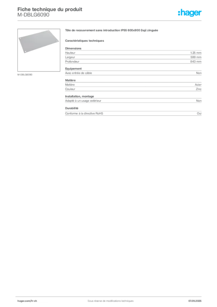 Image Hager Fiche technique du produit M-DBLG6090 | Hager Suisse