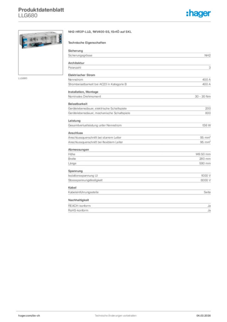 Bild Hager Produktdatenblatt LLG680 | Hager Schweiz