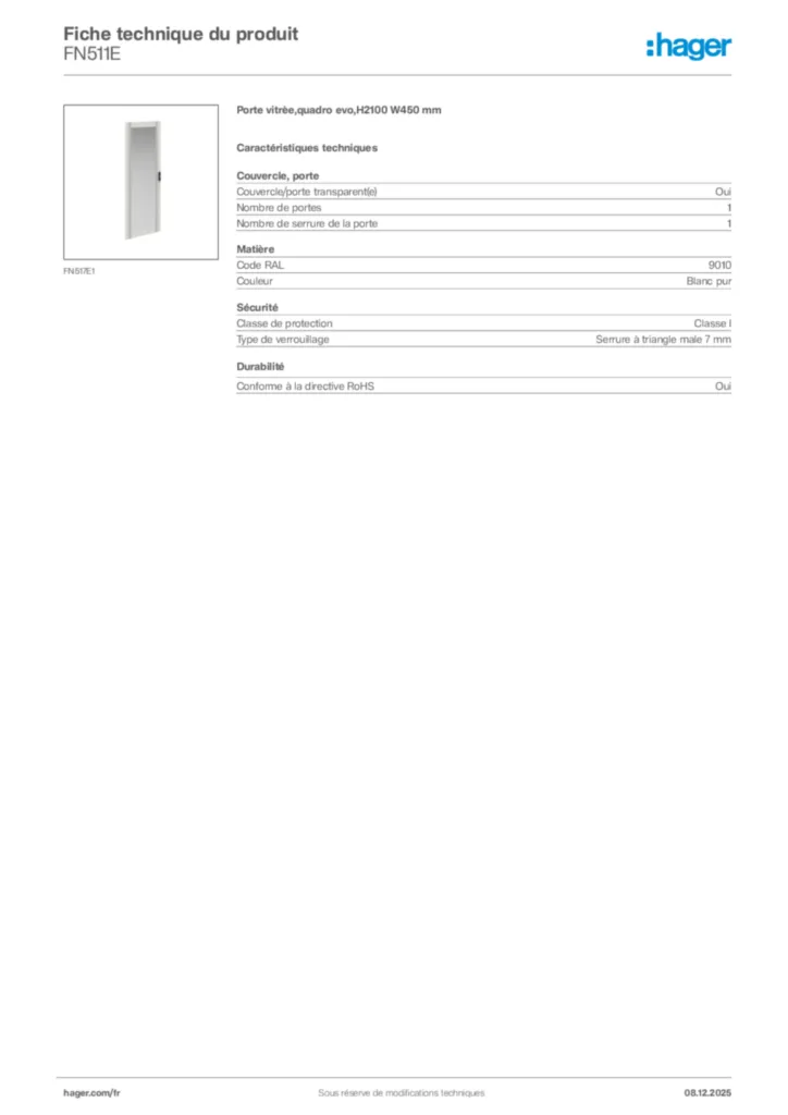 Image Hager Fiche technique du produit FN511E | Hager France