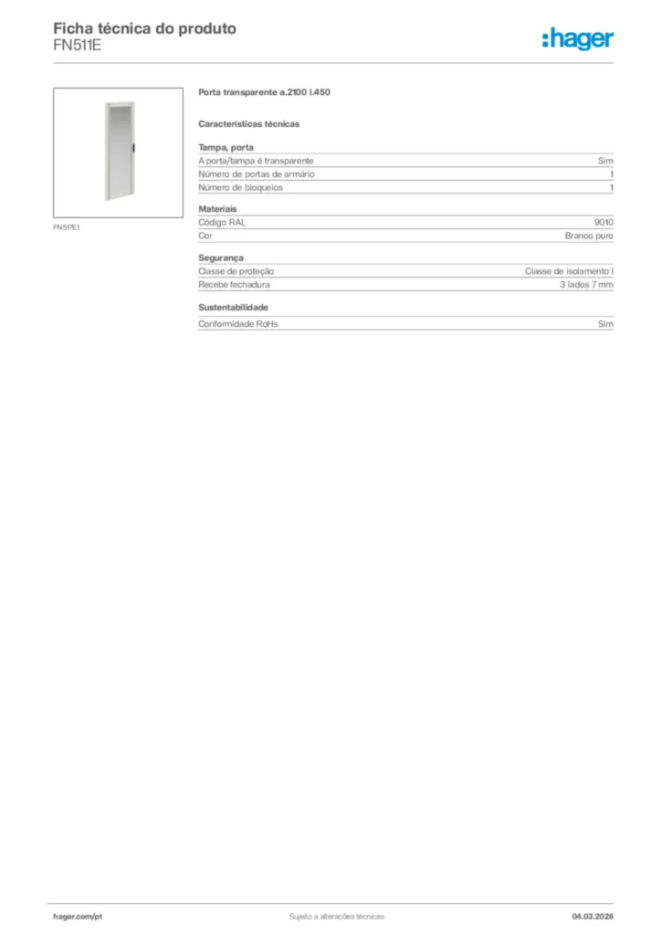 Imagem Hager Ficha técnica do produto FN511E | Hager Portugal