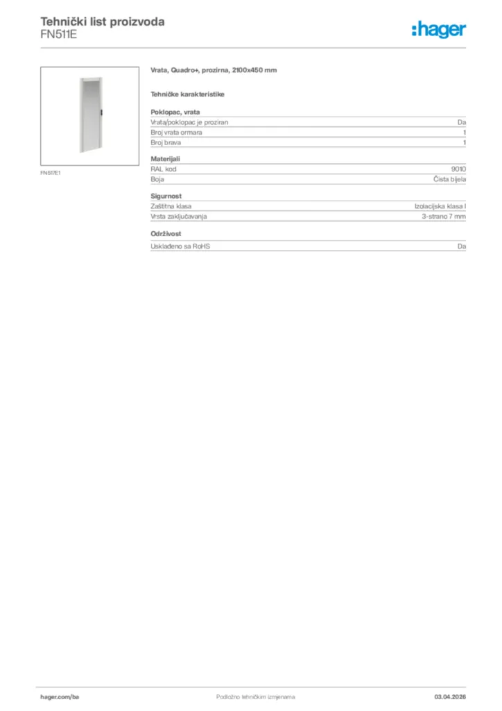 Slika Hager Tehnički list proizvoda FN511E  | Hager
