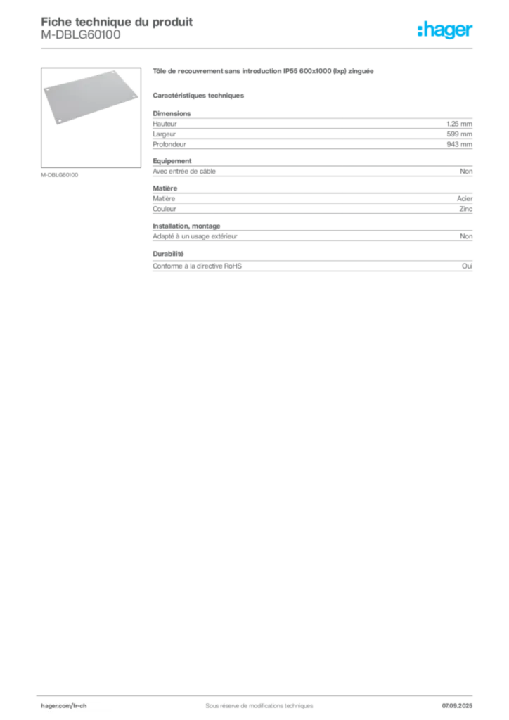 Image Hager Fiche technique du produit M-DBLG60100 | Hager Suisse