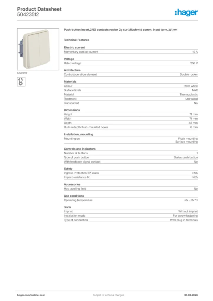 Image Hager Product data sheet 50423512  | Hager