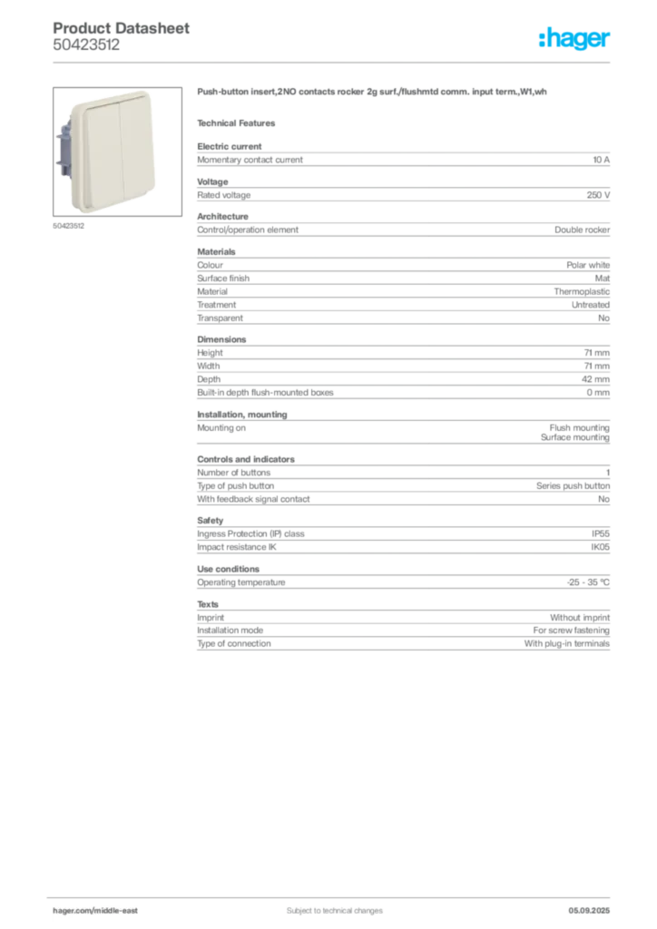 Image Hager Product data sheet 50423512  | Hager