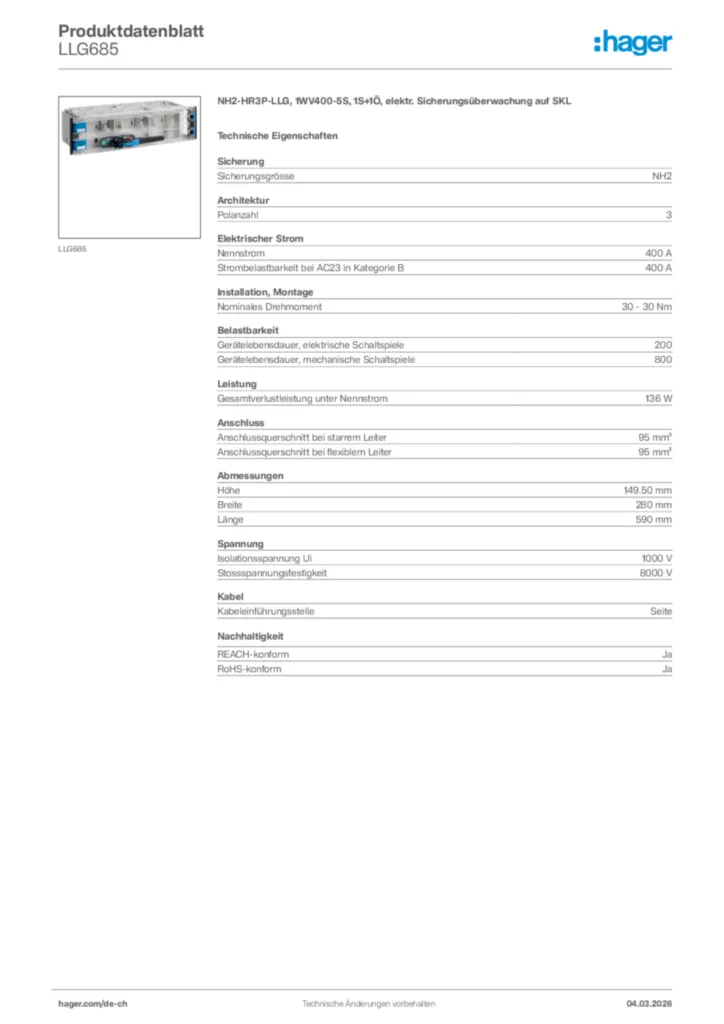 Bild Hager Produktdatenblatt LLG685 | Hager Schweiz