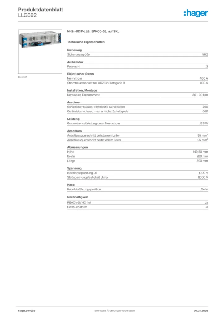 Bild Hager Produktdatenblatt LLG692 | Hager Deutschland