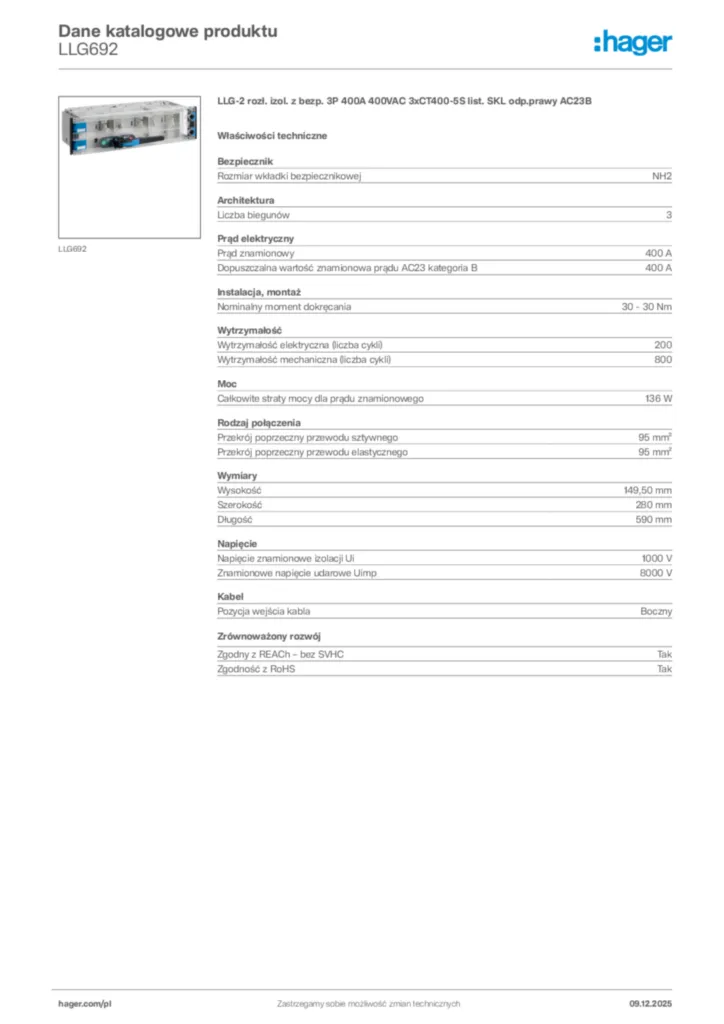 Zdjęcie Hager Dane katalogowe produktu LLG692 | Hager Polska