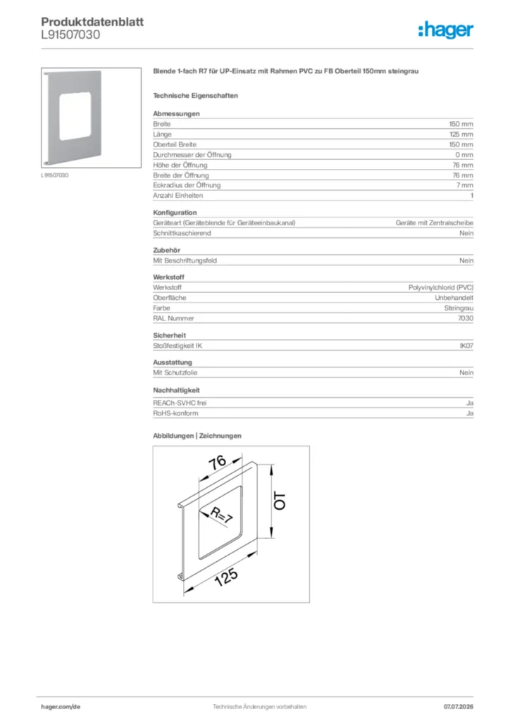 Bild Hager Produktdatenblatt L91507030 | Hager Deutschland