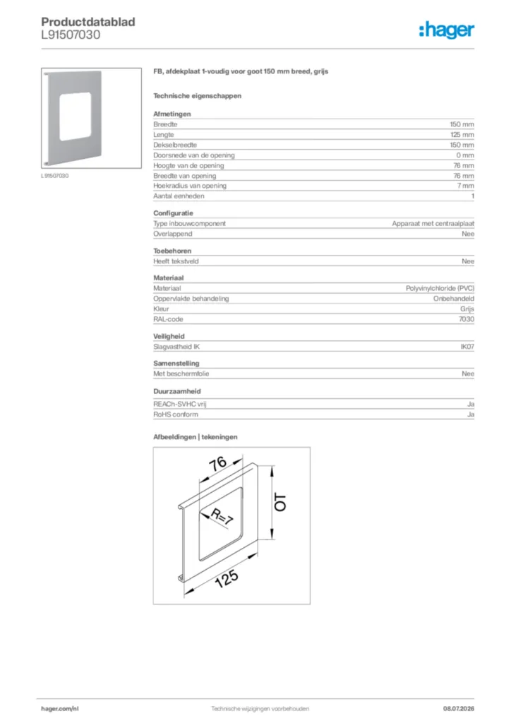 Afbeelding Hager Productdatablad L91507030 | Hager Nederland