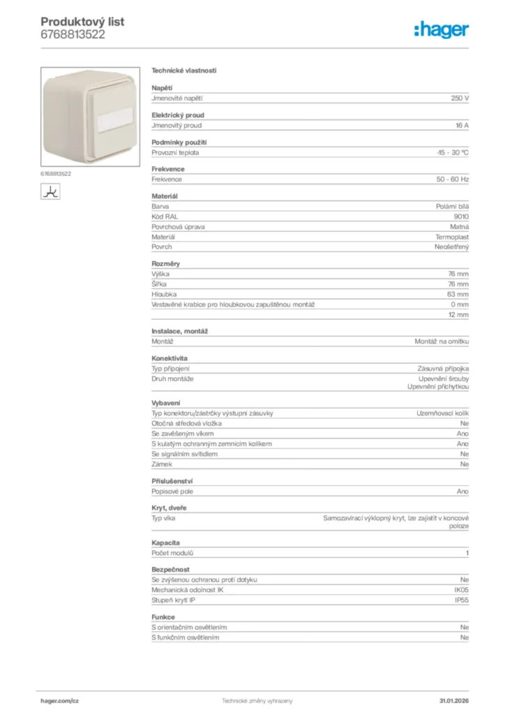 Obrázek Hager Product data sheet 6768813522 | Hager
