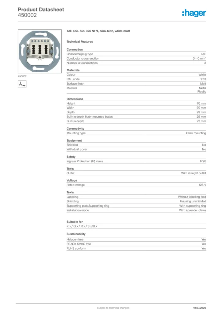 Image Hager Product data sheet 450002  | Hager Africa