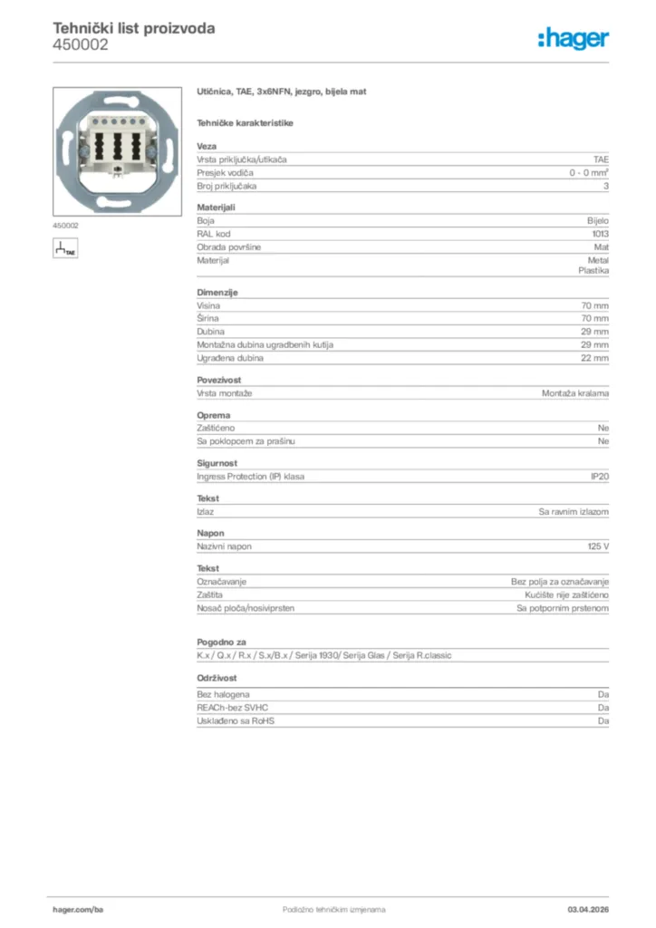 Slika Hager Tehnički list proizvoda 450002  | Hager