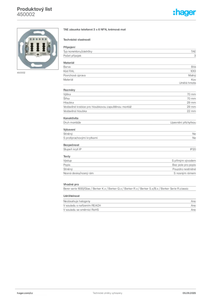 Obrázek Hager Produktový list 450002 | Hager