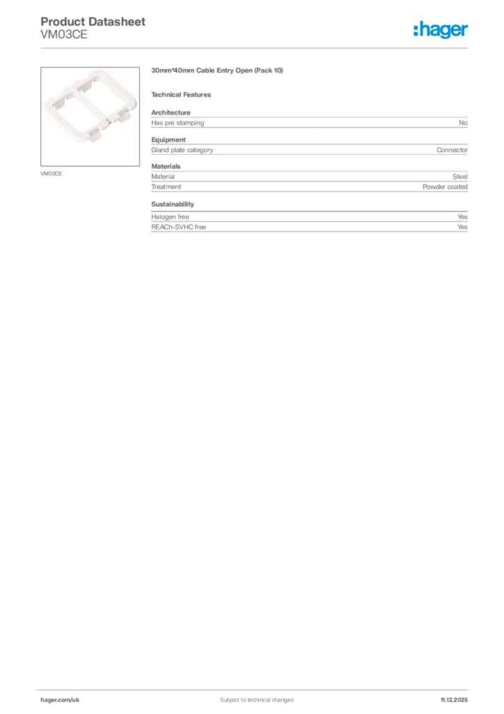 Image Hager Product data sheet VM03CE  | Hager