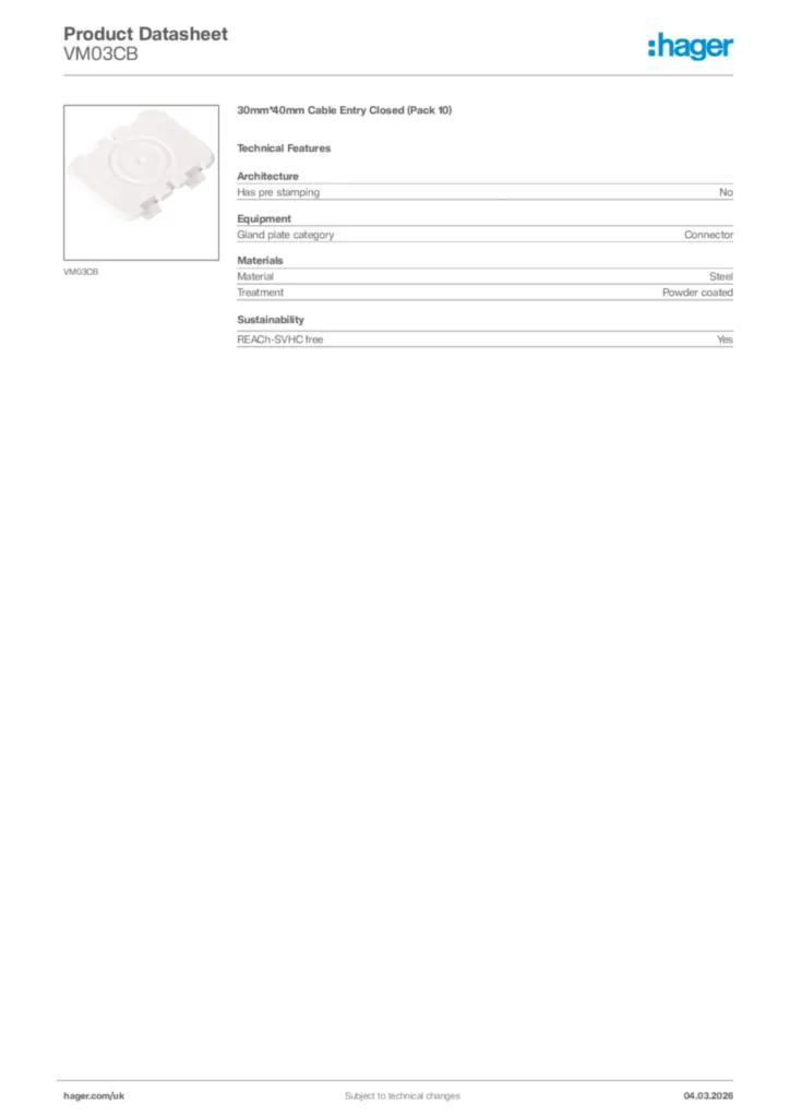 Image Hager Product data sheet VM03CB  | Hager