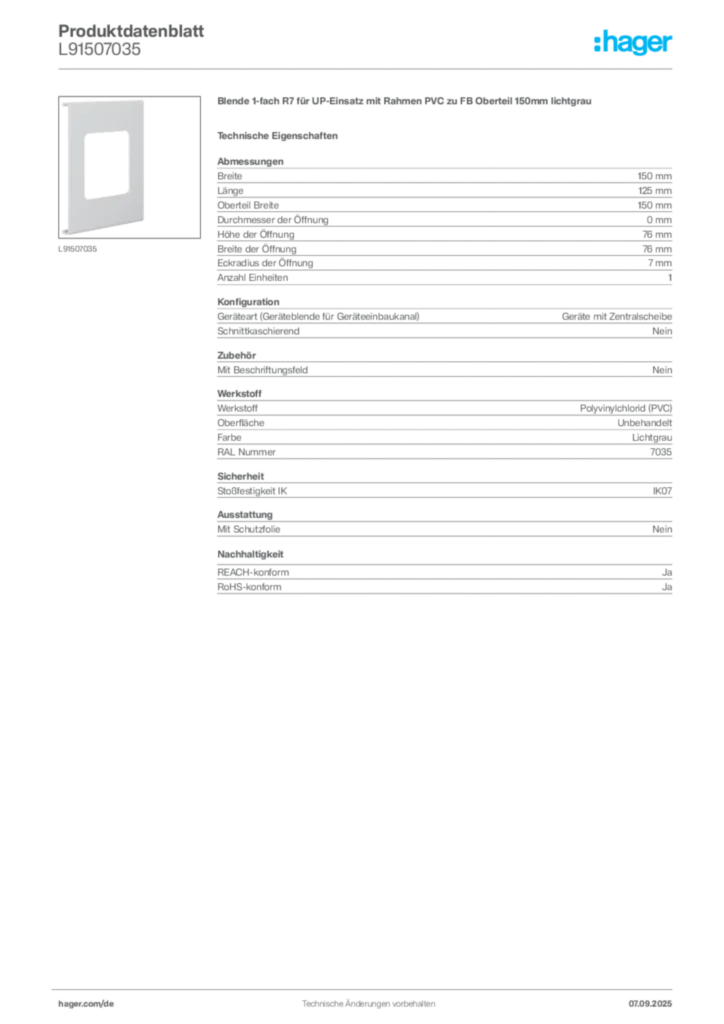 Hager Produktdatenblatt L91507035