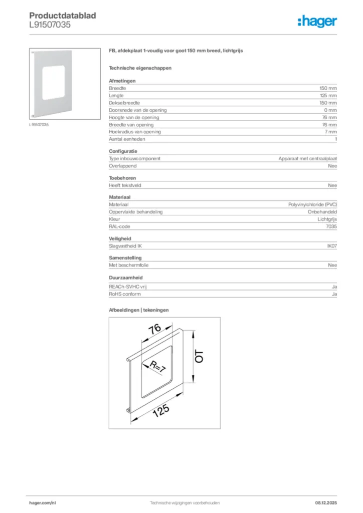 Afbeelding Hager Productdatablad L91507035 | Hager Nederland