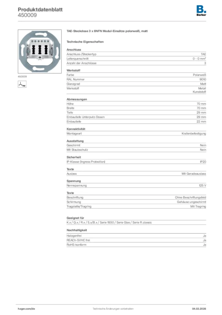 Bild Berker Produktdatenblatt 450009 | Hager Deutschland