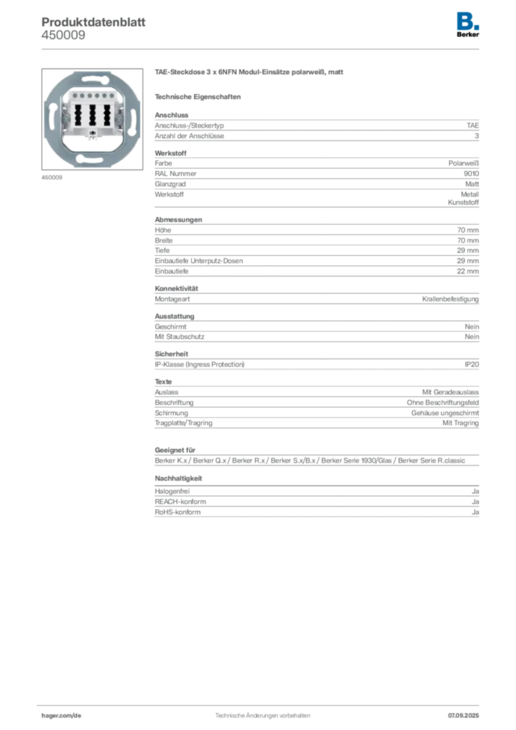 Bild Berker Produktdatenblatt 450009 | Hager Deutschland