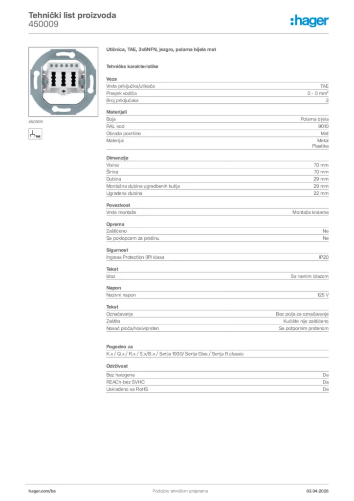 Slika Hager Tehnički list proizvoda 450009  | Hager