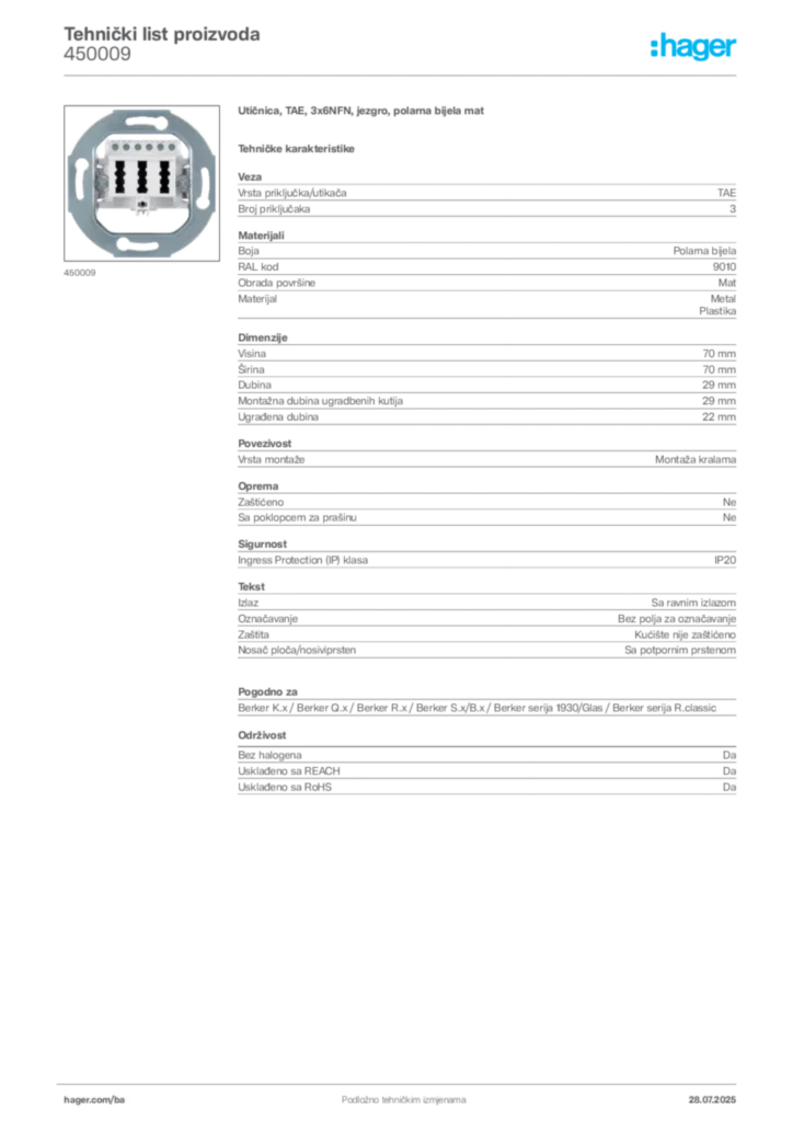 Slika Hager Product data sheet 450009  | Hager