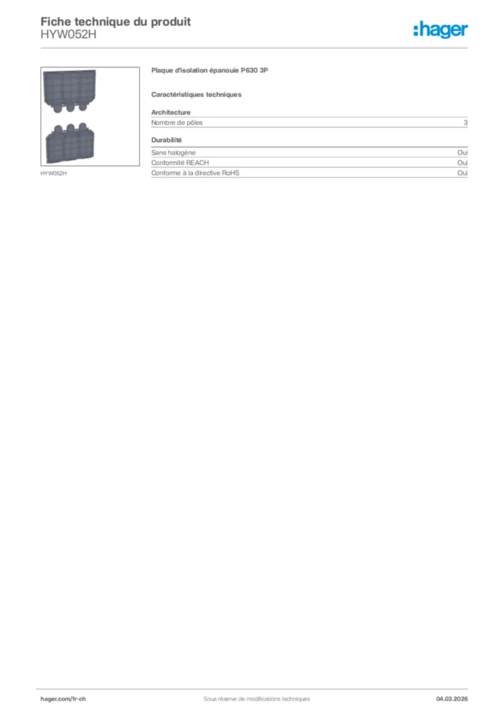 Image Hager Fiche technique du produit HYW052H | Hager Suisse