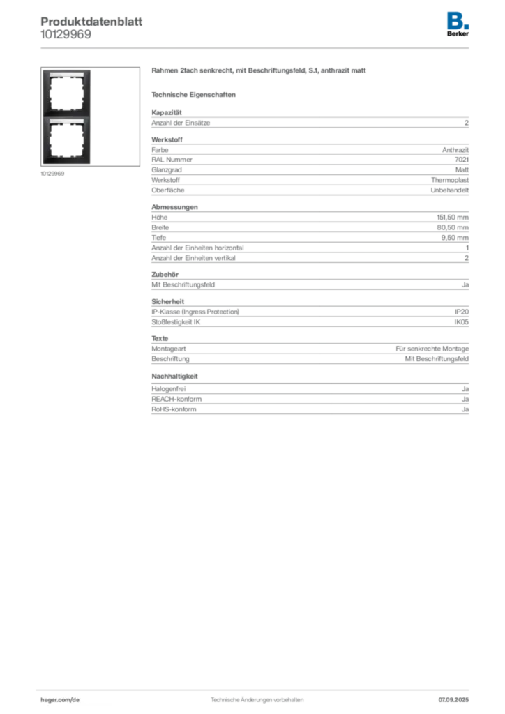 Bild Berker Produktdatenblatt 10129969 | Hager Deutschland