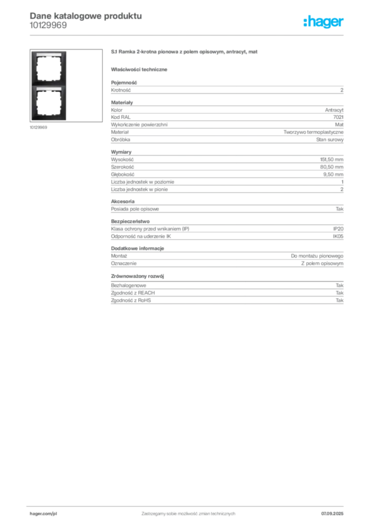 Zdjęcie Hager Dane katalogowe produktu 10129969 | Hager Polska
