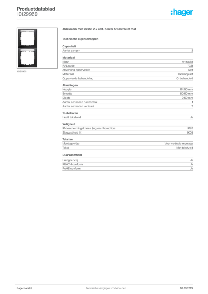 Afbeelding Hager Productdatablad 10129969 | Hager Nederland