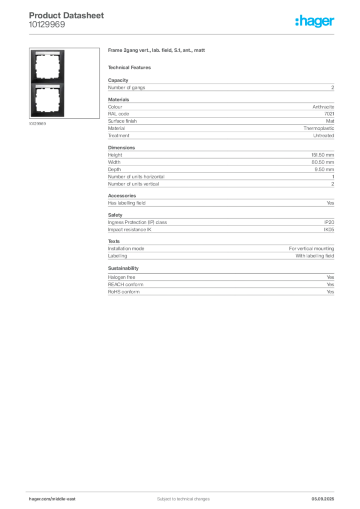 Image Hager Product data sheet 10129969  | Hager