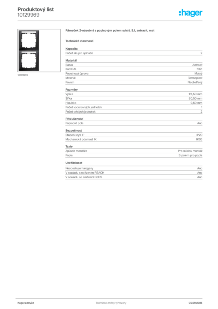 Obrázek Hager Produktový list 10129969 | Hager