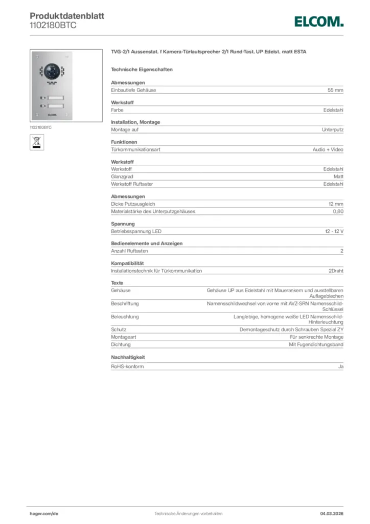 Bild Elcom Produktdatenblatt 1102180BTC | Hager Deutschland