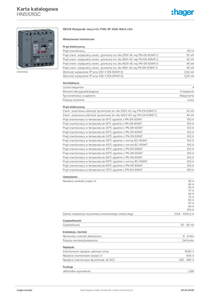 Zdjęcie Hager Karta katalogowa HNS101GC | Hager Polska