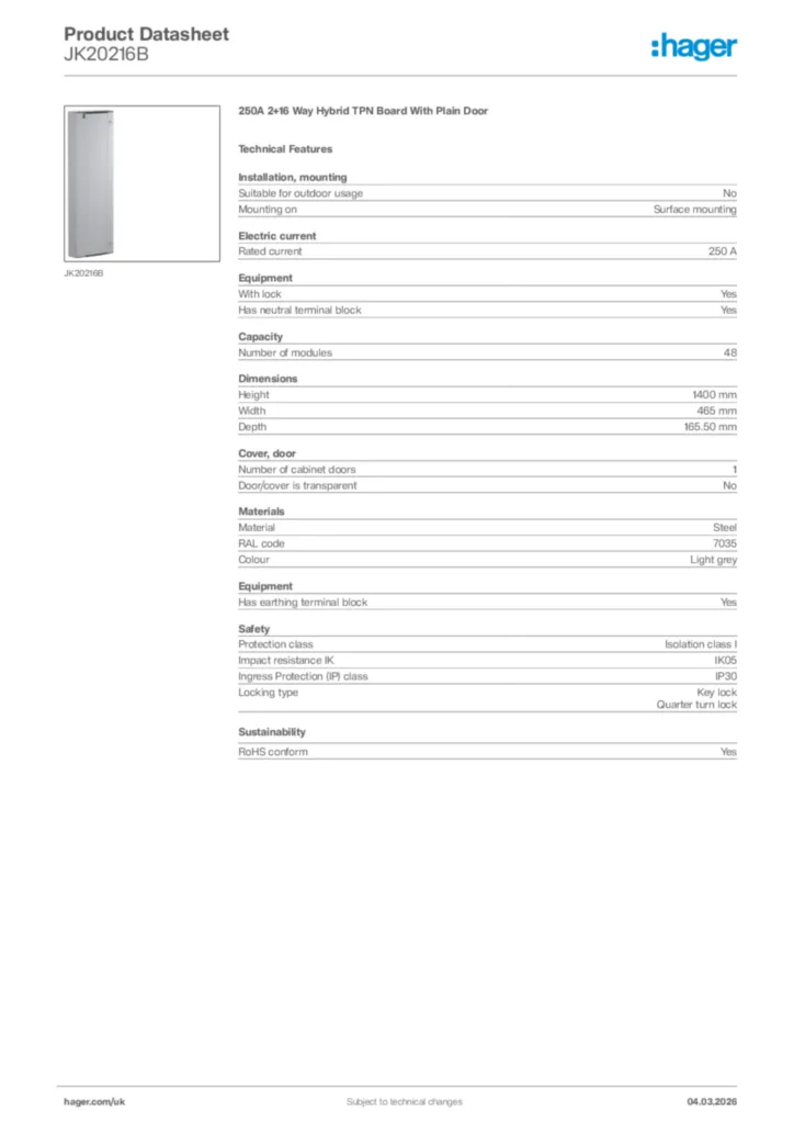 Image Hager Product data sheet JK20216B  | Hager