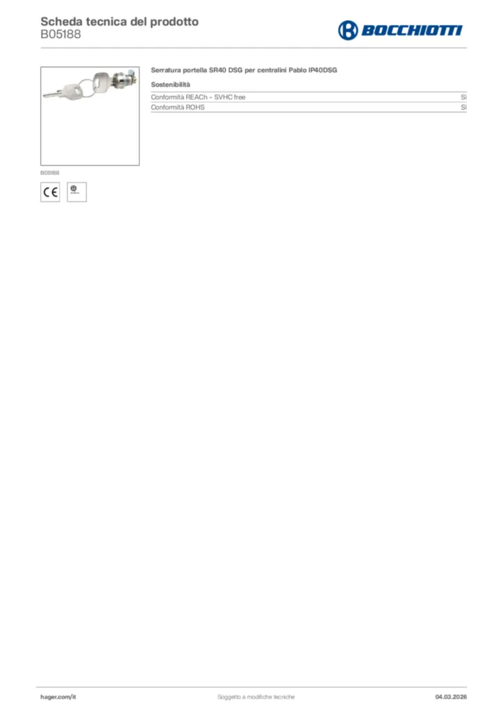 Immagine Bocchiotti Scheda tecnica del prodotto B05188 | Hager Italia