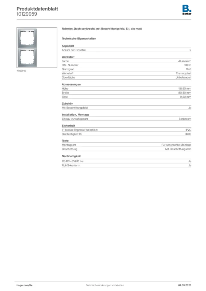 Bild Berker Produktdatenblatt 10129959 | Hager Deutschland
