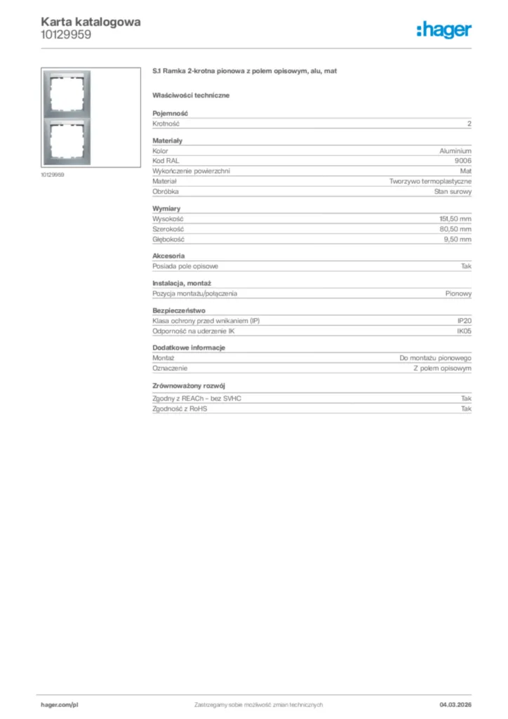 Zdjęcie Hager Karta katalogowa 10129959 | Hager Polska