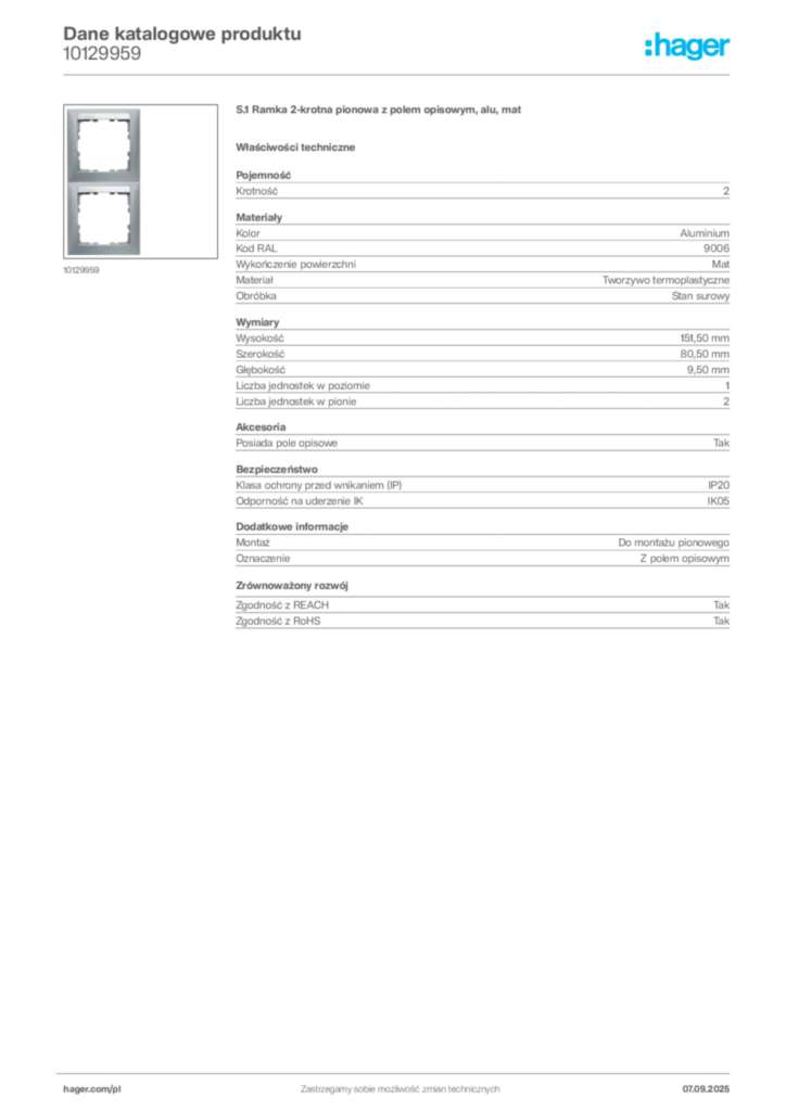 Zdjęcie Hager Dane katalogowe produktu 10129959 | Hager Polska