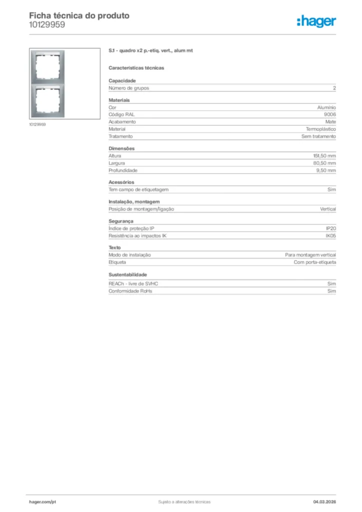 Imagem Hager Ficha técnica do produto 10129959 | Hager Portugal