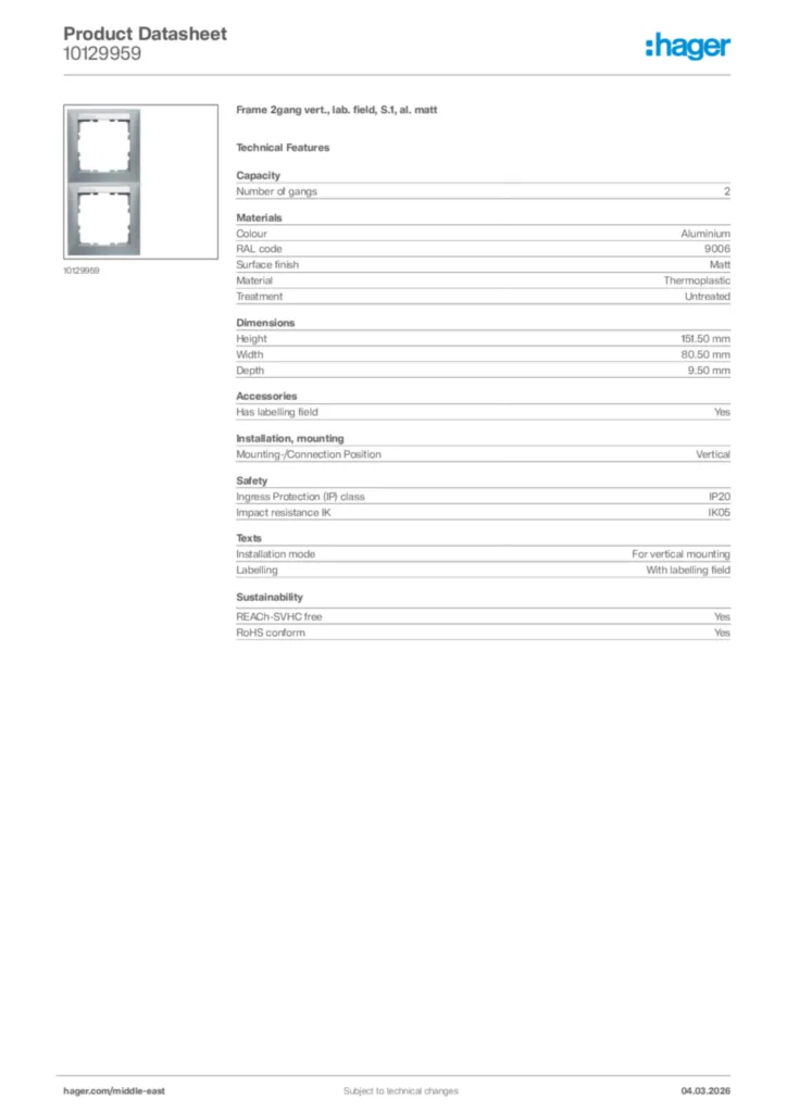 Image Hager Product data sheet 10129959  | Hager