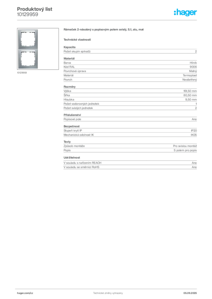 Obrázek Hager Produktový list 10129959 | Hager