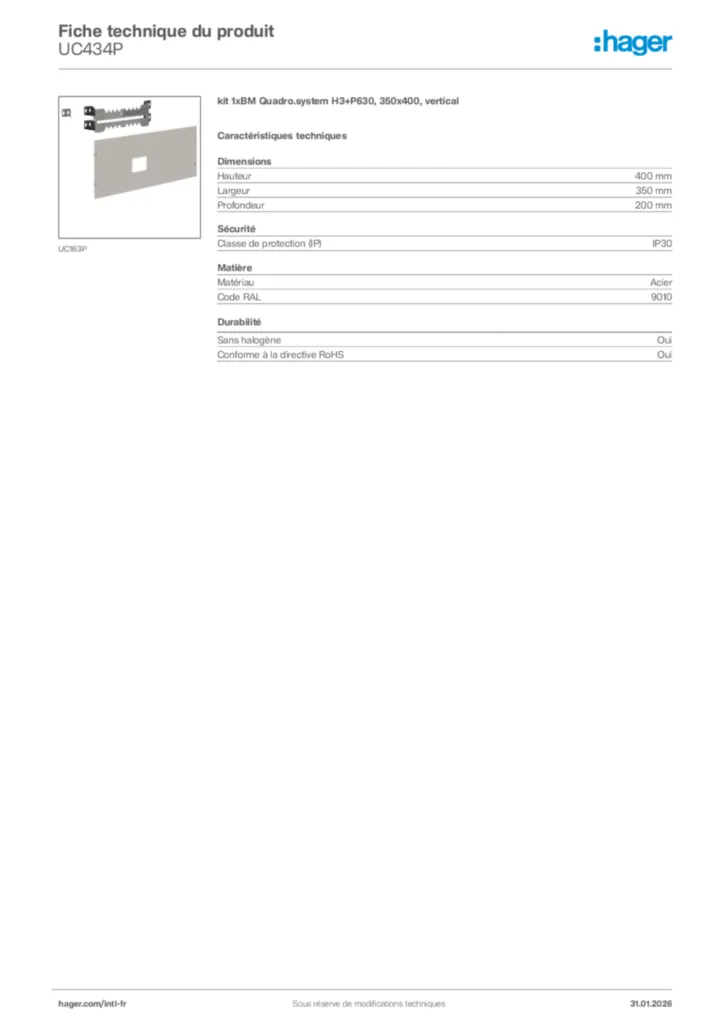 Image Hager Fiche technique du produit UC434P | Hager Afrique